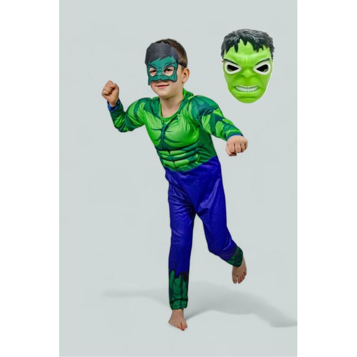 Kaslı Hulk Yeşil Dev Kostümü Işıklı Maskeli Çocuk Kostümü