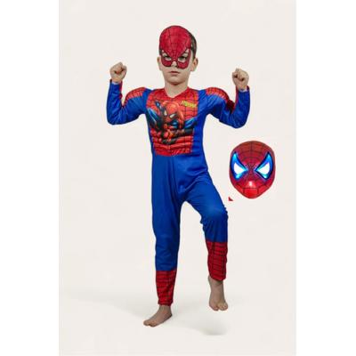 Kaslı Spiderman Kostümü Resimli Örümcek Adam Işıklı Maskeli Çocuk Kostümü 