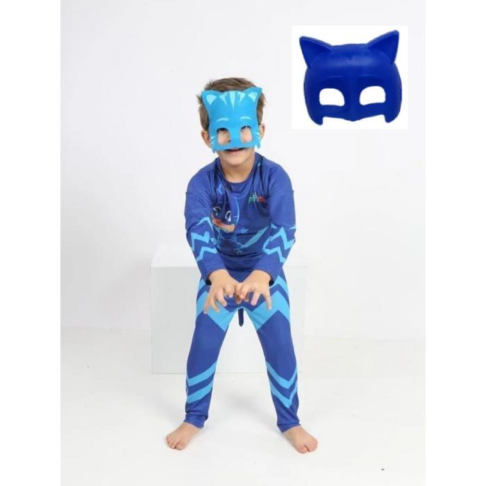 PijaMaskeliler Baskılı Kedi Çocuk Kostüm Catboy Tulum 2 Maskeli Set