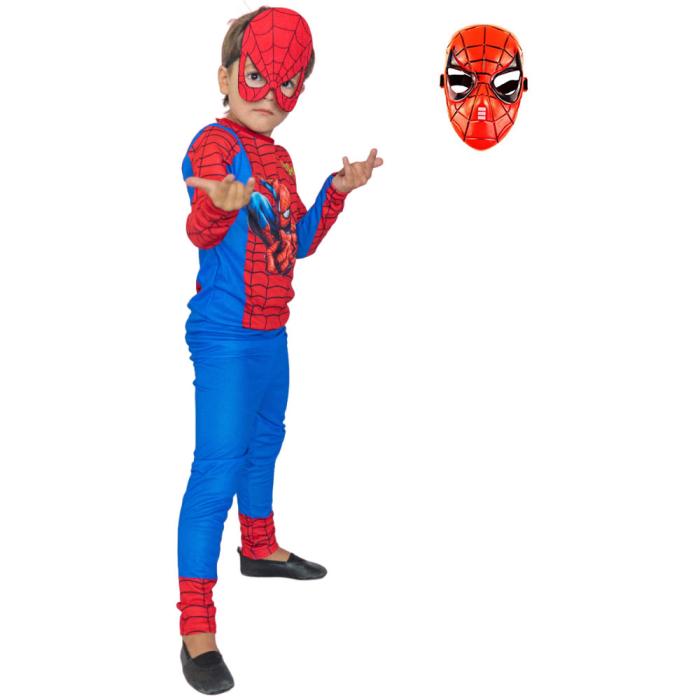 Spiderman Kostümü Örümcek Adam Maskeli Çocuk Kostümü Resimli 2 Maskeli Model