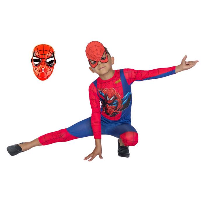 Spiderman Kostümü Örümcek Adam Maskeli Çocuk Kostümü Resimli 2 Maskeli Model